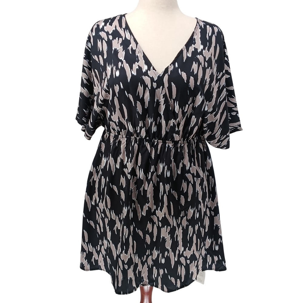 CUPSHE size Large Black Tan Abstract Print V-Neck Mini Dress Dolman Sleeve